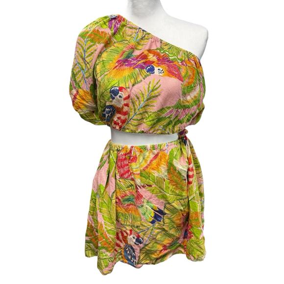 FARM Rio Macaw Leaves Cutout Mini Dress Size XS One Shoulder Tropical Linen - Picture 3 of 11